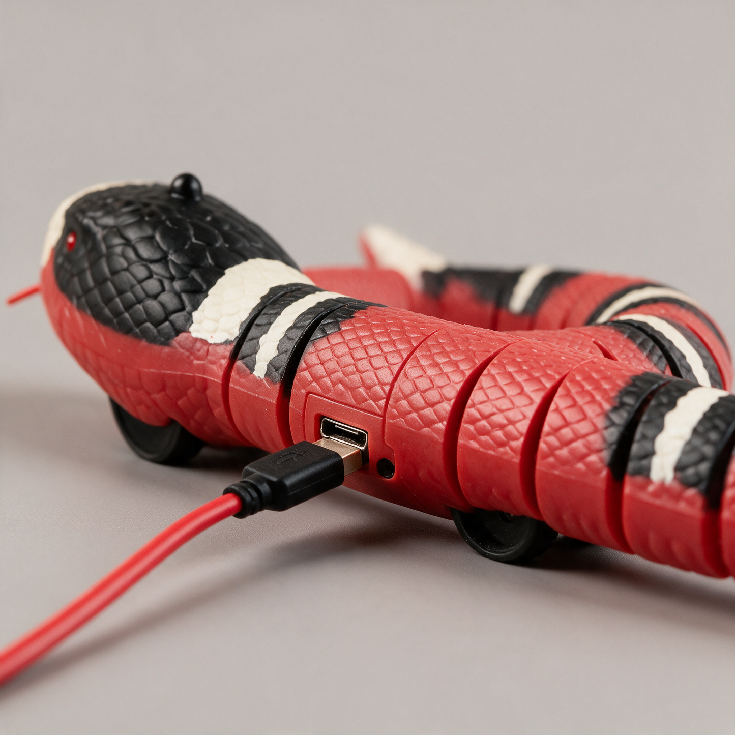 WriggleTail USB charging cable close-up, no batteries needed