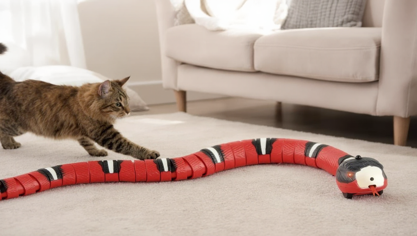 Cat chasing WriggleTail interactive cat toy in a home living room