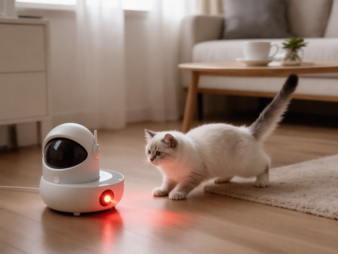 Cat chasing red laser dot near Pawlio LaserDot toy