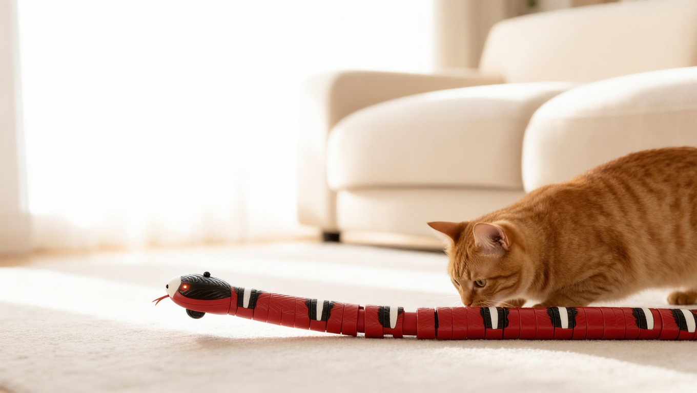 Cat pouncing on WriggleTail interactive cat toy in a bright living room